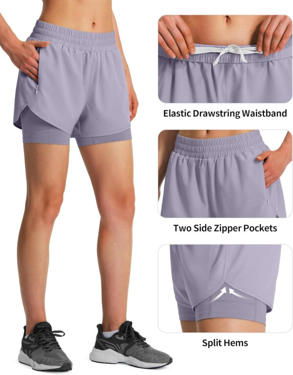 Ksmien Women's 2 in 1 Running Shorts Quick Dry Athletic Gym Workout Shorts with Liner Phone Pockets