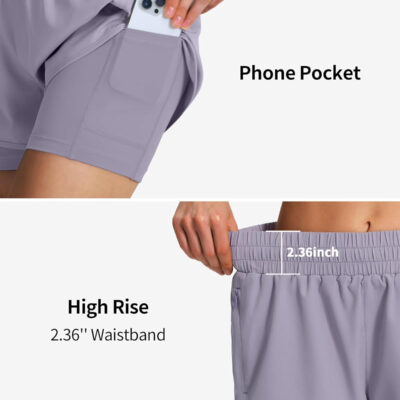 Ksmien Women's 2 in 1 Running Shorts Quick Dry Athletic Gym Workout Shorts with Liner Phone Pockets