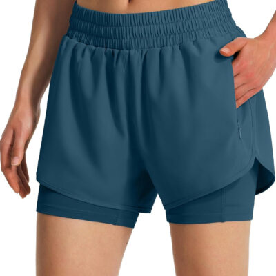 Ksmien Women's 2 in 1 Running Shorts Quick Dry Athletic Gym Workout Shorts with Liner Phone Pockets