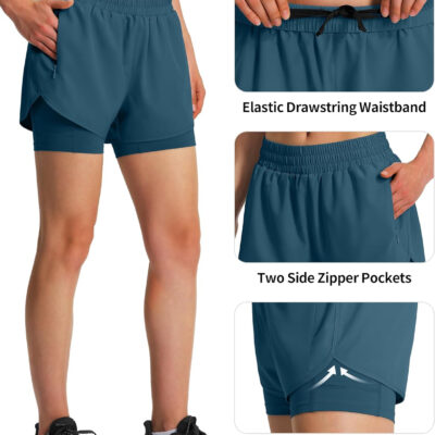 Ksmien Women's 2 in 1 Running Shorts Quick Dry Athletic Gym Workout Shorts with Liner Phone Pockets