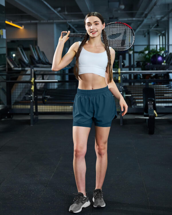 Ksmien Women's 2 in 1 Running Shorts Quick Dry Athletic Gym Workout Shorts with Liner Phone Pockets