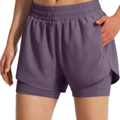 Ksmien Women's 2 in 1 Running Shorts Quick Dry Athletic Gym Workout Shorts with Liner Phone Pockets