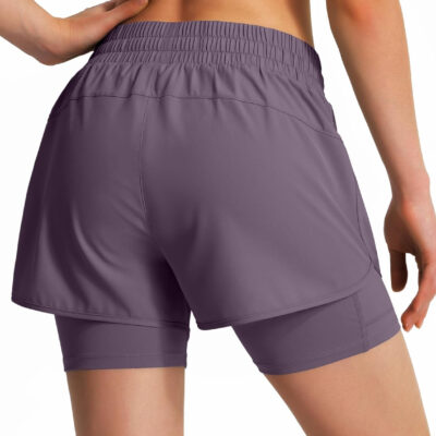 Ksmien Women's 2 in 1 Running Shorts Quick Dry Athletic Gym Workout Shorts with Liner Phone Pockets