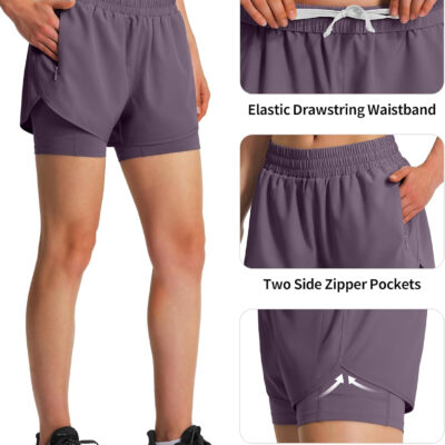 Ksmien Women's 2 in 1 Running Shorts Quick Dry Athletic Gym Workout Shorts with Liner Phone Pockets