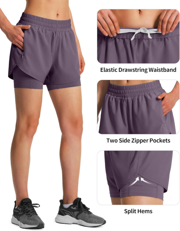 Ksmien Women's 2 in 1 Running Shorts Quick Dry Athletic Gym Workout Shorts with Liner Phone Pockets