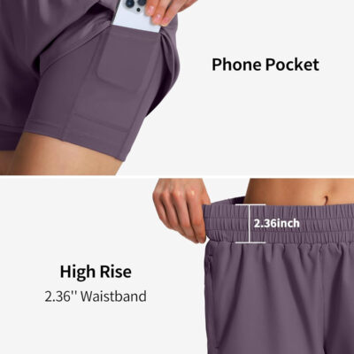 Ksmien Women's 2 in 1 Running Shorts Quick Dry Athletic Gym Workout Shorts with Liner Phone Pockets