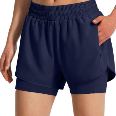 Ksmien Women's 2 in 1 Running Shorts Quick Dry Athletic Gym Workout Shorts with Liner Phone Pockets