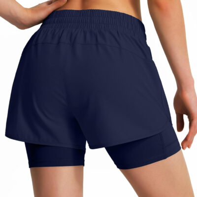 Ksmien Women's 2 in 1 Running Shorts Quick Dry Athletic Gym Workout Shorts with Liner Phone Pockets