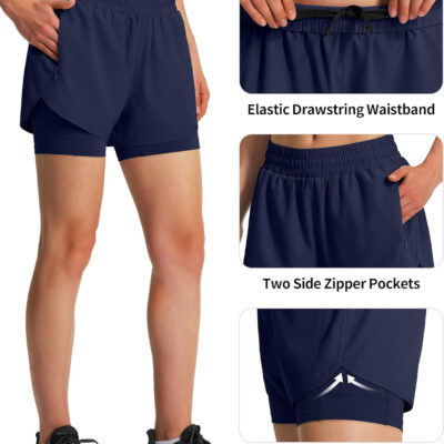 Ksmien Women's 2 in 1 Running Shorts Quick Dry Athletic Gym Workout Shorts with Liner Phone Pockets