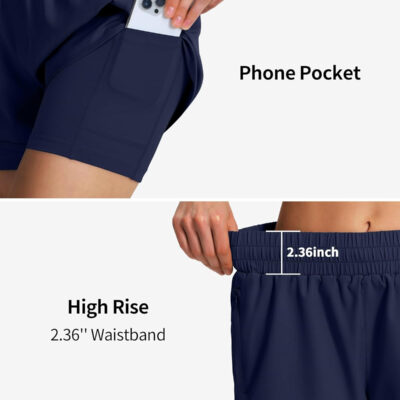 Ksmien Women's 2 in 1 Running Shorts Quick Dry Athletic Gym Workout Shorts with Liner Phone Pockets