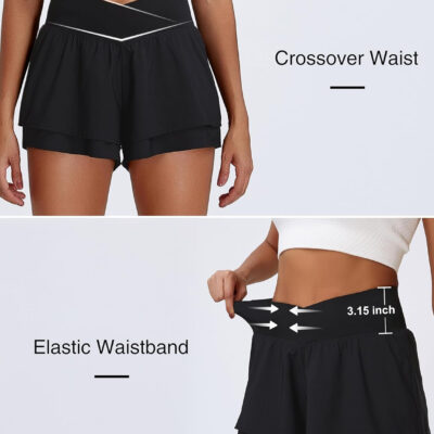 BMJL Womens Athletic Running Shorts High Waisted Crossover Workout Short with Pocket 3"