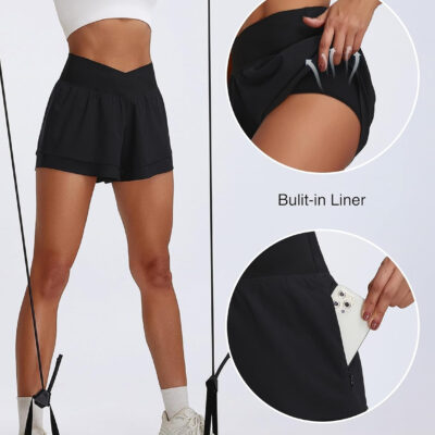 BMJL Womens Athletic Running Shorts High Waisted Crossover Workout Short with Pocket 3"