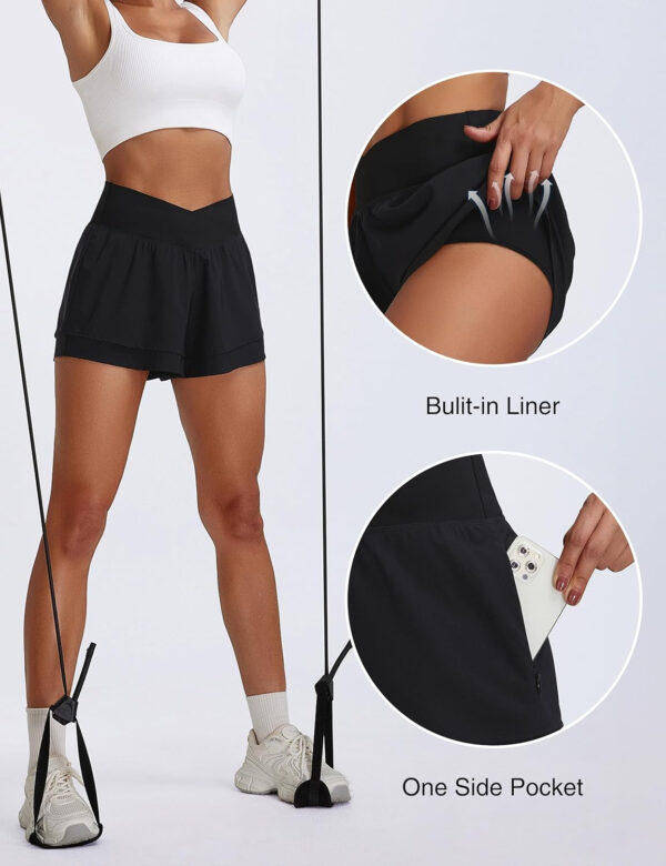 BMJL Womens Athletic Running Shorts High Waisted Crossover Workout Short with Pocket 3"