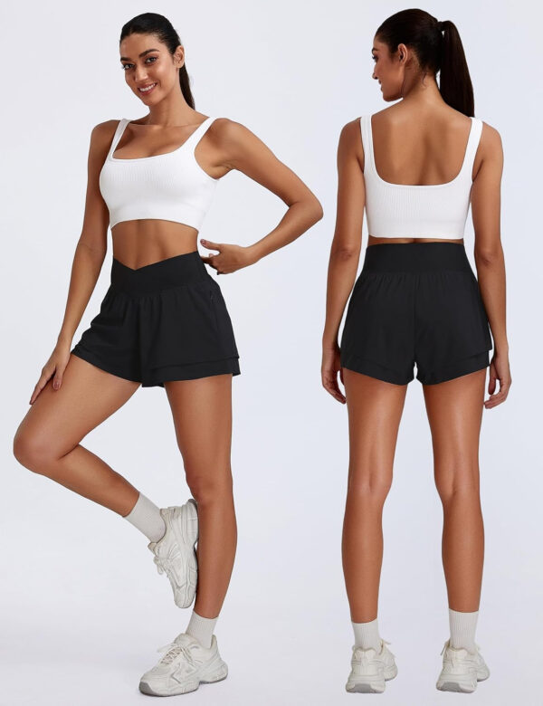 BMJL Womens Athletic Running Shorts High Waisted Crossover Workout Short with Pocket 3"
