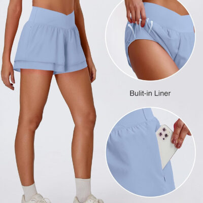 BMJL Womens Athletic Running Shorts High Waisted Crossover Workout Short with Pocket 3"