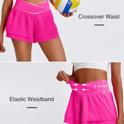 BMJL Womens Athletic Running Shorts High Waisted Crossover Workout Short with Pocket 3"