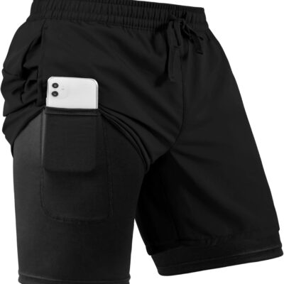 Men's 2 in 1 Athletic Quick Dry Shorts,Running Lightweight,Sweat Wicking Gym Workout Elastic Short