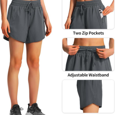 Ksmien Women's 5" Athletic Running Shorts Quick Dry Lightweight Workout Gym Shorts with Zipper Pockets UPF 50+