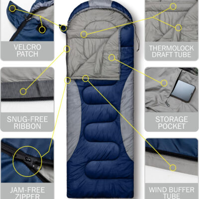 0 Degree Winter Sleeping Bags for Adults Camping (450GSM) - Temp Range (5F–32F) Portable Waterproof Compression Sack- Camping Sleeping Bags for Big and Tall in Env Hoodie: Backpacking Hiking 4 Season