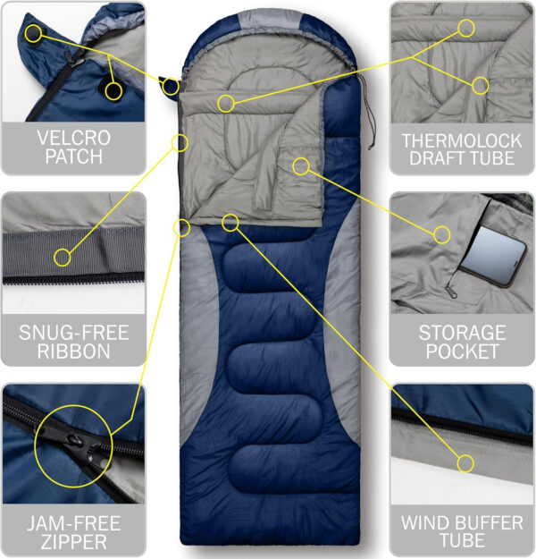 0 Degree Winter Sleeping Bags for Adults Camping (450GSM) - Temp Range (5F–32F) Portable Waterproof Compression Sack- Camping Sleeping Bags for Big and Tall in Env Hoodie: Backpacking Hiking 4 Season
