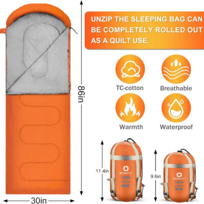 689b0a253ed2739f997c9843f807e8cd0372e9043b6656e9e1b48.jpg ECOOPRO Warm Weather Sleeping Bag - Portable, Waterproof, Compact Lightweight, Comfort with Compression Sack - Great for Outdoor Camping, Backpacking & Hiking-83 L x 30" W Fits Adults