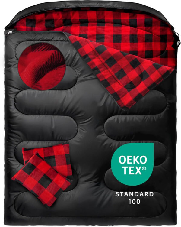 689b0bd482c619cd41f8f0a399f01fafd96cced60e3b1c250578b.jpg MEREZA Flannel Double Sleeping Bag for Adults Cold Weather, XL Queen Size Sleeping Bag for All Season 2 Person Big and Tall Sleeping Bags for Camping 0 Degree with Pillow