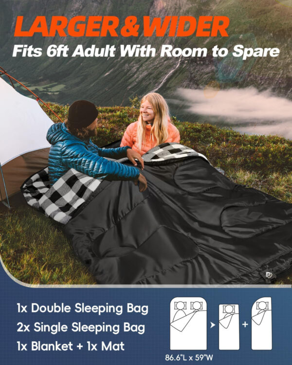689b0bdedd16c17aa2efbe01909e9408908fa7a634ce1510d7540.jpg MEREZA Flannel Double Sleeping Bag for Adults Cold Weather, XL Queen Size Sleeping Bag for All Season 2 Person Big and Tall Sleeping Bags for Camping 0 Degree with Pillow