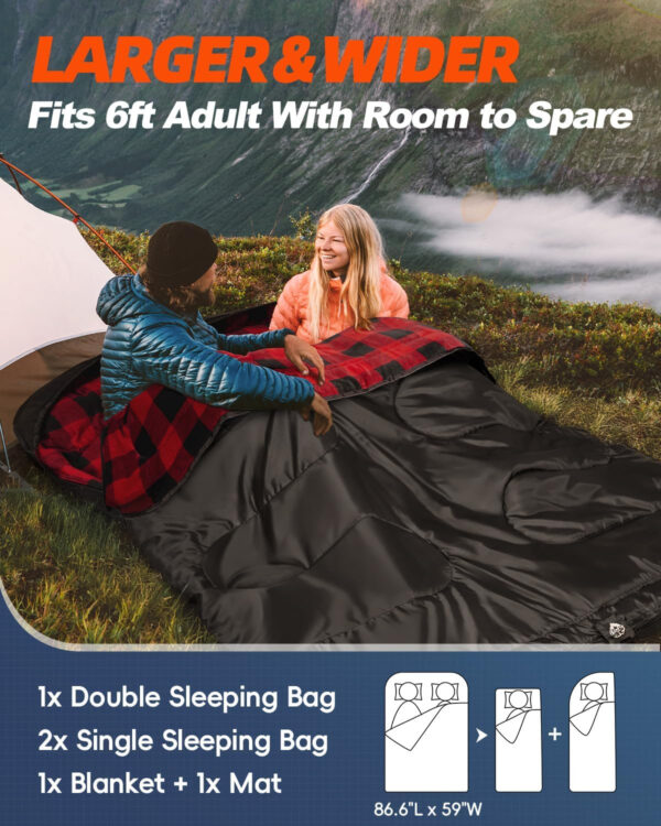 689b0be7de5bdc5c9dd7eca83a78736939f5f33b85780e6b3140c.jpg MEREZA Flannel Double Sleeping Bag for Adults Cold Weather, XL Queen Size Sleeping Bag for All Season 2 Person Big and Tall Sleeping Bags for Camping 0 Degree with Pillow