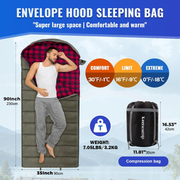 0 Degree Sleeping Bag Cotton Flannel Winter Cold Weather for Adults XXL Sleeping Bag 4 Season Big and Tall with Pillow Compression Sack