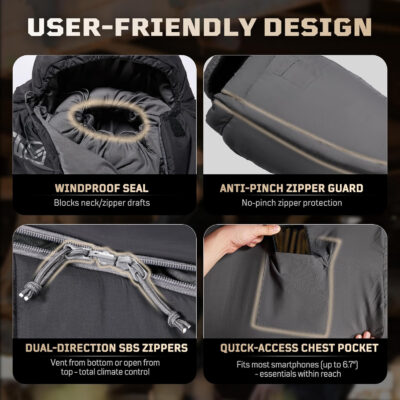 Sleeping Bag for Adults, Warm Weather Camping Mummy Sleeping Bags (25-36℉) with Adjustable Hood, Phone Pocket & Compression Sack for Hiking Travel Hunting