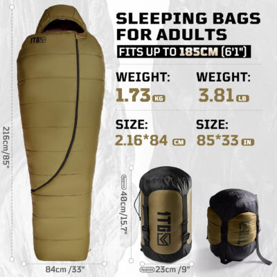 Sleeping Bag for Adults, Warm Weather Camping Mummy Sleeping Bags (25-36℉) with Adjustable Hood, Phone Pocket & Compression Sack for Hiking Travel Hunting