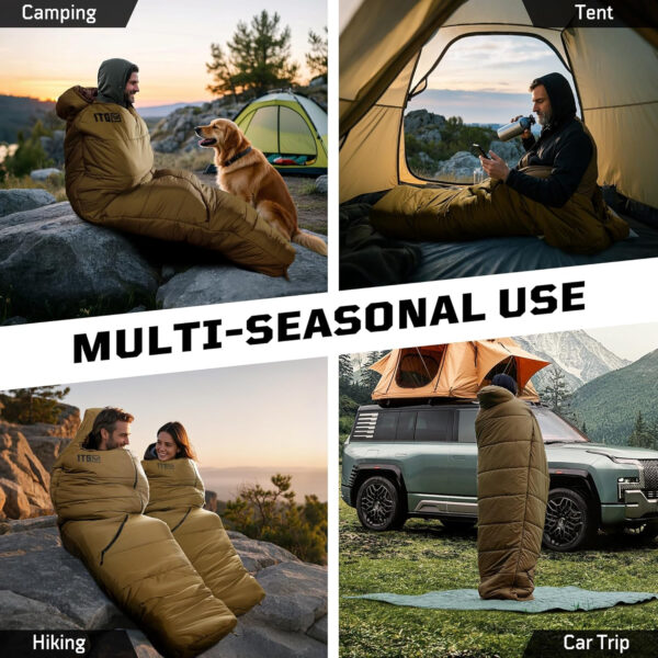 Sleeping Bag for Adults, Warm Weather Camping Mummy Sleeping Bags (25-36℉) with Adjustable Hood, Phone Pocket & Compression Sack for Hiking Travel Hunting
