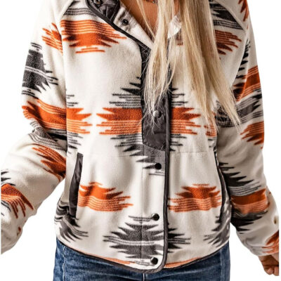 SELINK Womens Fleece Jacket Western Aztec Print Long Sleeve Snap Button Down Shacket Jackets with Pockets