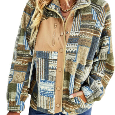 SELINK Womens Fleece Jacket Western Aztec Print Long Sleeve Snap Button Down Shacket Jackets with Pockets