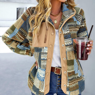 SELINK Womens Fleece Jacket Western Aztec Print Long Sleeve Snap Button Down Shacket Jackets with Pockets