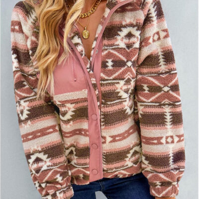 SELINK Womens Fleece Jacket Western Aztec Print Long Sleeve Snap Button Down Shacket Jackets with Pockets