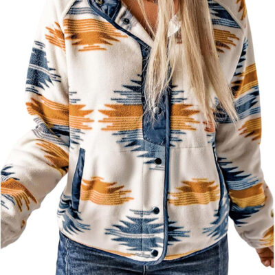 SELINK Womens Fleece Jacket Western Aztec Print Long Sleeve Snap Button Down Shacket Jackets with Pockets