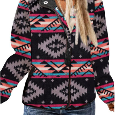 SELINK Womens Fleece Jacket Western Aztec Print Long Sleeve Snap Button Down Shacket Jackets with Pockets