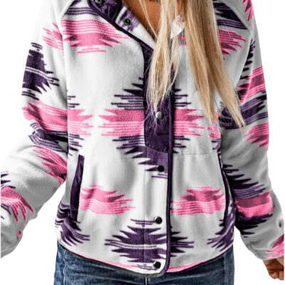 SELINK Womens Fleece Jacket Western Aztec Print Long Sleeve Snap Button Down Shacket Jackets with Pockets