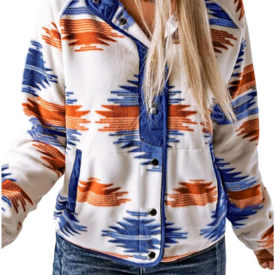SELINK Womens Fleece Jacket Western Aztec Print Long Sleeve Snap Button Down Shacket Jackets with Pockets