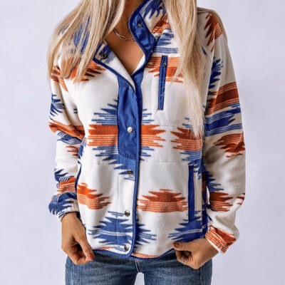 SELINK Womens Fleece Jacket Western Aztec Print Long Sleeve Snap Button Down Shacket Jackets with Pockets