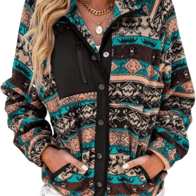 SELINK Womens Fleece Jacket Western Aztec Print Long Sleeve Snap Button Down Shacket Jackets with Pockets
