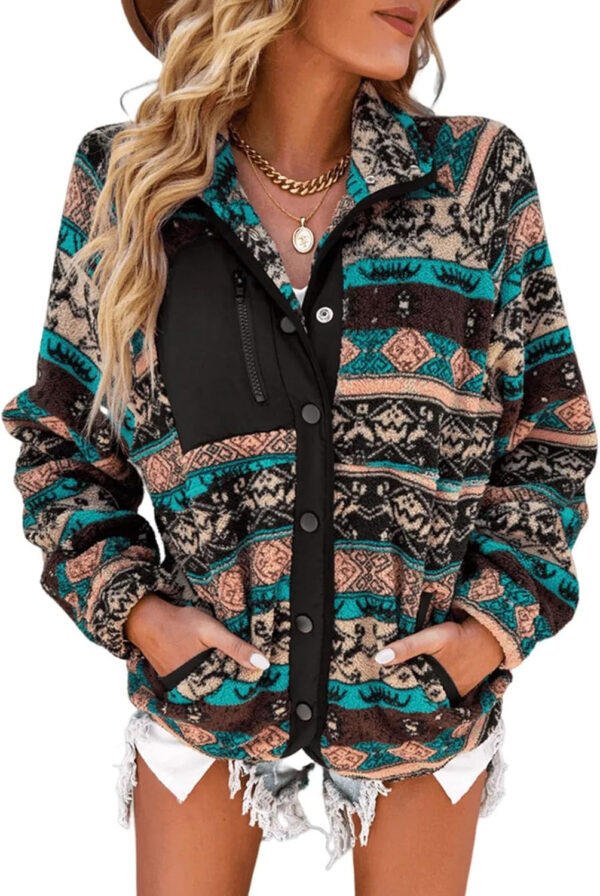 SELINK Womens Fleece Jacket Western Aztec Print Long Sleeve Snap Button Down Shacket Jackets with Pockets
