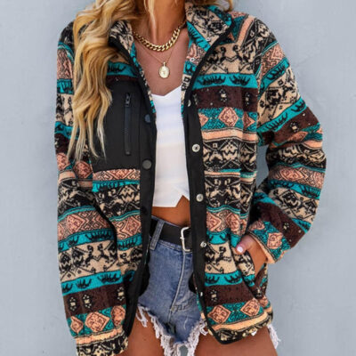 SELINK Womens Fleece Jacket Western Aztec Print Long Sleeve Snap Button Down Shacket Jackets with Pockets