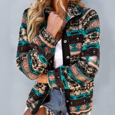 SELINK Womens Fleece Jacket Western Aztec Print Long Sleeve Snap Button Down Shacket Jackets with Pockets