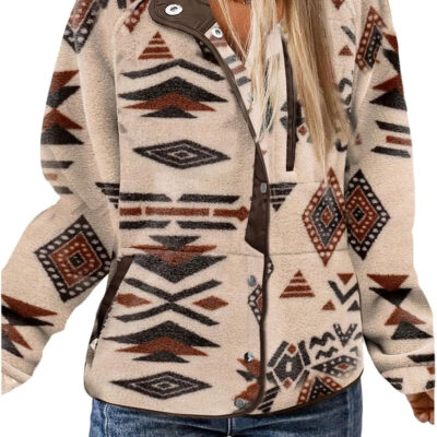 SELINK Womens Fleece Jacket Western Aztec Print Long Sleeve Snap Button Down Shacket Jackets with Pockets