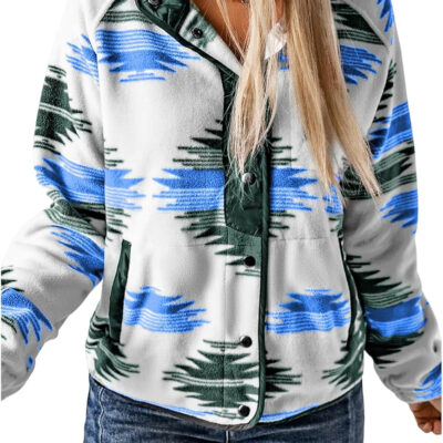 SELINK Womens Fleece Jacket Western Aztec Print Long Sleeve Snap Button Down Shacket Jackets with Pockets