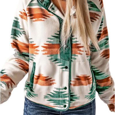 SELINK Womens Fleece Jacket Western Aztec Print Long Sleeve Snap Button Down Shacket Jackets with Pockets