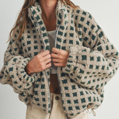 Esmeling Women’s Long Sleeve Cropped Sherpa Fleece Plaid Jacket Casual Chunky Teddy Fleece Outerwear