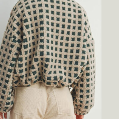 Esmeling Women’s Long Sleeve Cropped Sherpa Fleece Plaid Jacket Casual Chunky Teddy Fleece Outerwear